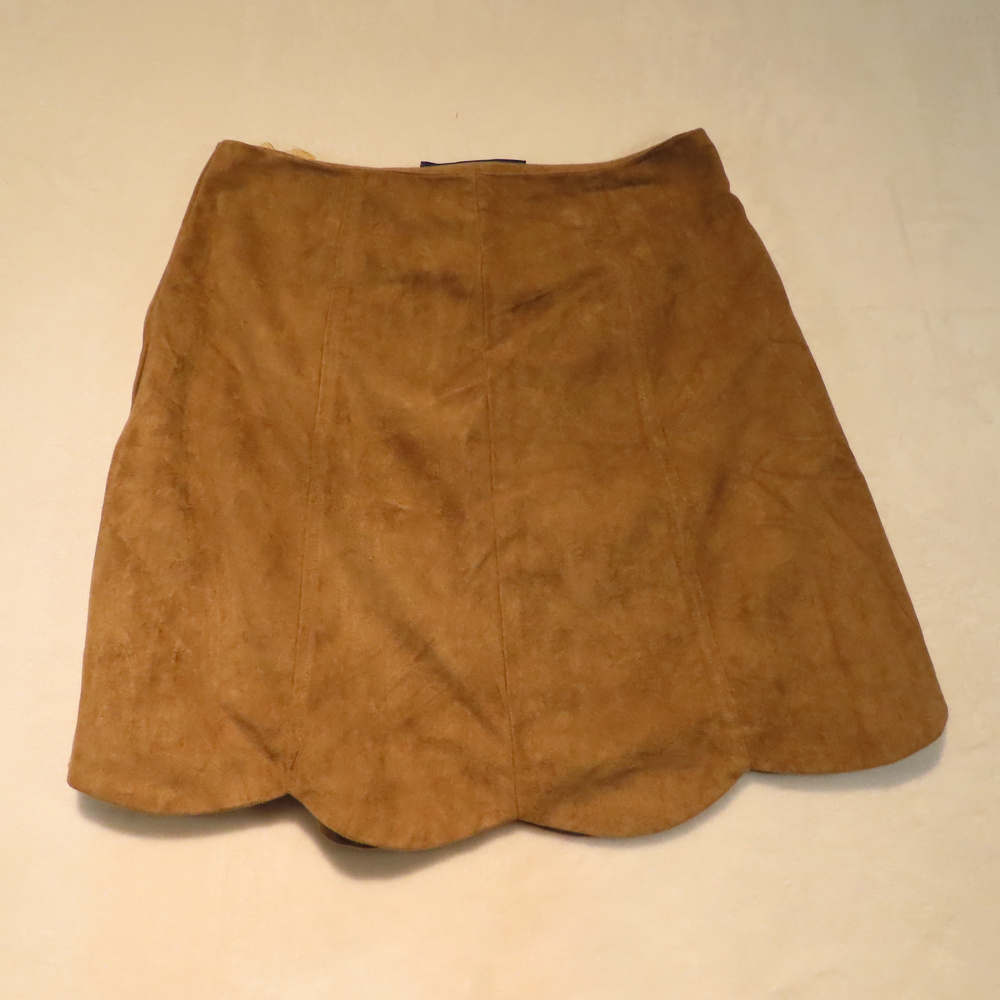 Blue Rain Suede Scalloped Hem Mini Skirt Brown Satin Lined Size S
